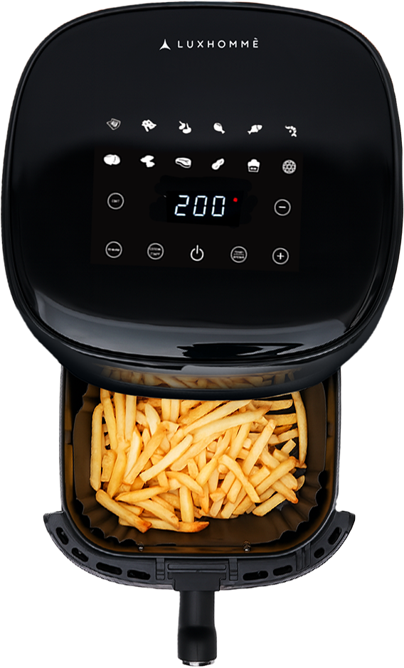 <h6>Без лишнего масла</h6>
<p>Готовит любимые блюда с минимальным количеством масла — заботясь о лёгкости и пользе.</p>
<p>Золотистая корочка и нежная сердцевина — всё это благодаря грилю и антипригарному покрытию.</p>
<p>Температурный диапазон 35–200°C позволяет бережно сушить, аккуратно разогревать или быстро обжаривать.</p>