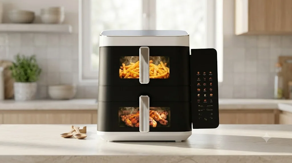 Двухкамерный аэрогриль Luxhommè с двумя чашами готовит картофель фри и курицу одновременно